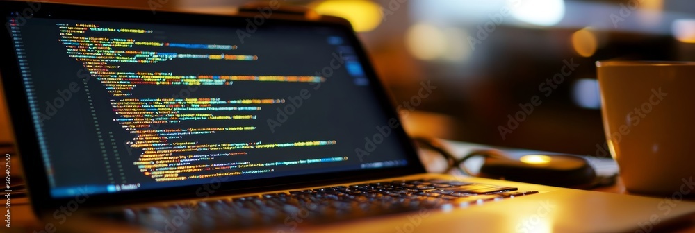 Poster secure software development code displayed on laptop screen in dark lighting with warm ambiance.