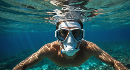 Naklejka premium Calm White male snorkeling in clear blue ocean background