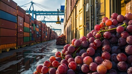 Grapes stacked next to containers at a port, poised for export to international markets, showcasing global food distribution