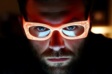 Man with glowing glasses stares intensely in dramatic low light scene © Borasca