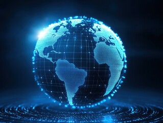 Fototapeta premium A glowing digital globe surrounded by blue light, representing technology and global connectivity.