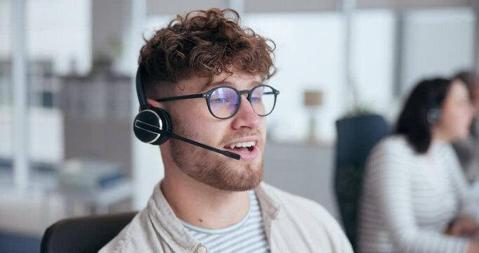 Call center, help and man with headset in office for customer service, online advice or telemarketing. Talking, contact us and consultant in discussion for communication, assistance or tech support