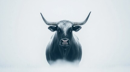 Naklejka premium Black Bull with Horns Standing in a Snowy Field