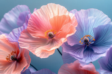 Naklejka premium A bouquet of X-ray poppies with petals in soft, multicolored tones of purple, blue, and peach, overlapping in a dynamic arrangement, set against a pastel blue background,