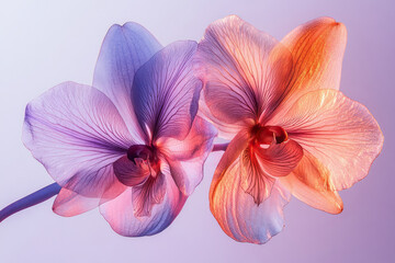 Fototapeta premium A single X-ray orchid with delicate, translucent petals in hues of pink, orange, and purple, revealing intricate veining, set against a pastel lavender background,