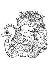 Seahorse and mermaid smile coloring page design 