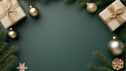 Green backdrop with minimalistic Christmas elements, flat lay, 3D illustration