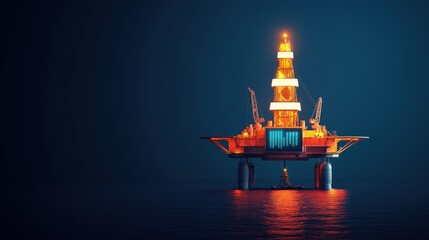 Obraz premium Futuristic Oil Drilling Platform with Holographic Energy Metrics in Dark Ocean - with Copy Space and Selective Focus