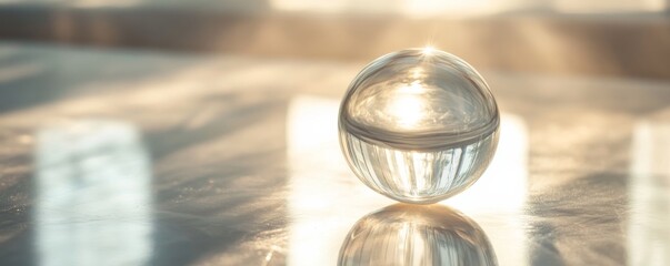 Obraz premium Glass sphere on reflective surface with sunlight