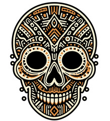 Tribal Sugar Skull Vector Art, bold and intricate design with tribal patterns, perfect for print and digital use, featuring a detailed, geometric representation of a sugar skull