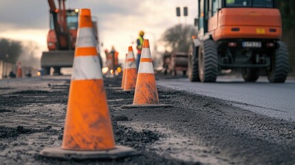 Safety cones and barriers mark the perimeter of a road repair site, with construction workers and machinery visible beyond, ensuring safety
