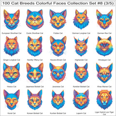 Fototapeta premium Cat Breeds Colorful Faces Collection Set of 100 Cat Faces Isolated Part 3
