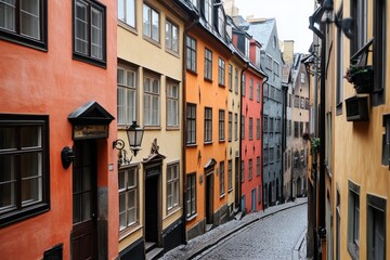 Fototapeta premium Narrow Cobblestone Street Lined with Historic, Colorful Buildings, Gamla Stan, Stockholm, Sweden