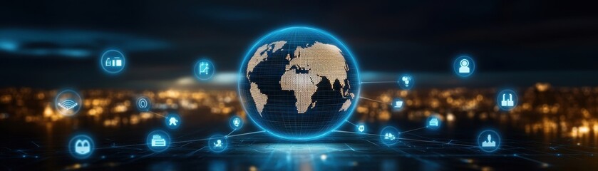 Fototapeta premium A glowing globe with digital icons representing connectivity, showcasing a modern world interconnected by technology.