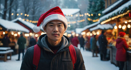Content Asian male wearing Santa hat in snowy Christmas market background