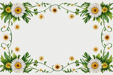 Fototapeta premium Seamless Watercolor Border Design Featuring Happy Daisies and Green Vines on White Background