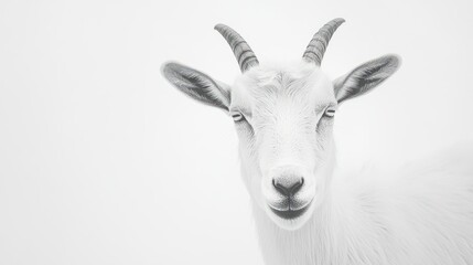 Close-up Portrait of a White Goat with Horns