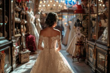 Naklejka premium A bride wearing an ornate wedding dress stands in a vintage shop filled with antiques and wedding gowns, capturing a moment of elegance and timeless beauty.