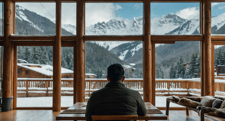 Content Hispanic male enjoying mountain lodge with snowy view background