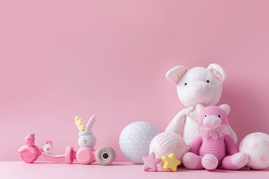 A delightful image with a pastel toy set and stuffed animals arranged neatly against a soft pink background, emphasizing tenderness and nostalgic childhood memories, ideal for decor.