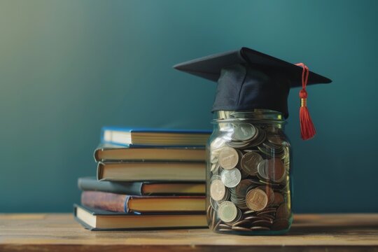 A motivational image showing a jar filled with coins, topped with a graduation cap, symbolizing saving for education, with a stack of books beside it against a teal backdrop.