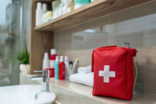 A red first aid kit with a white cross on a bathroom shelf, surrounded by various toiletries, emphasizing home safety, medical readiness, and health preparedness.