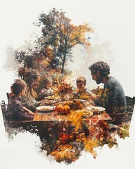 Fototapeta premium Family gathers for a meal in a forest setting, surrounded by autumn leaves.