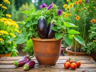 "Eggplant growing amidst lush green vines in a vintage-inspired terracotta pot surrounded by a lush crop of fresh herbs and edible flowers"