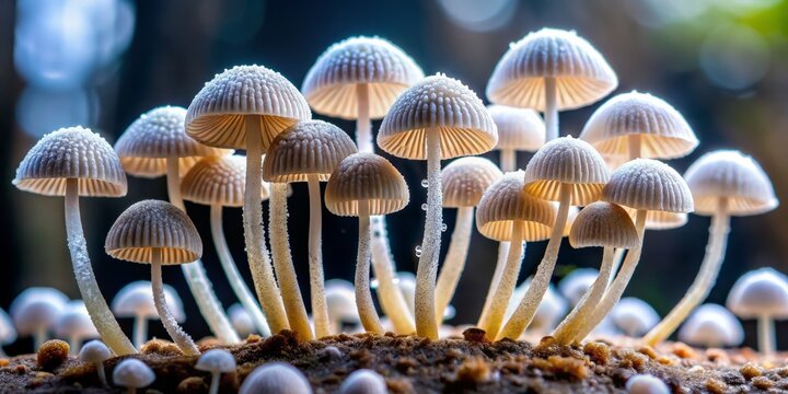 Basidiospores, mushroom spores, are released from tiny basidia on the gills or pores of mushrooms, propelling their dispersal into the environment.