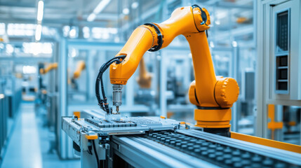 Robotic arm operating on an assembly line in an advanced factory, highlighting automation, technology, and modern manufacturing