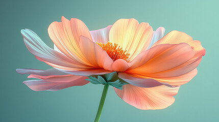 Obraz premium A 3D cross-section of a cosmos flower, displaying its petals, center, and stem in soft tones of pink, yellow, and green, set against a pastel green background,