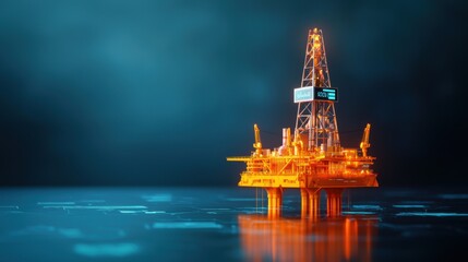 Obraz premium Futuristic Holographic Oil Rig: Drilling Data and Energy Market Fluctuations - with Copy Space and Selective Focus