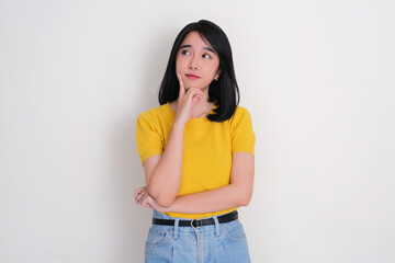 Young women glanched to the right while thinking about something