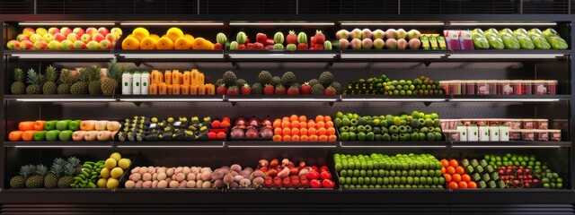 Supermarket produce display with a variety of fresh fruits and vegetables