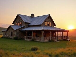 Obraz premium A rustic farmhouse with a stone exterior, a large front porch, and a tin roof