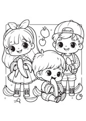 Kids eat banana together children design coloring education 