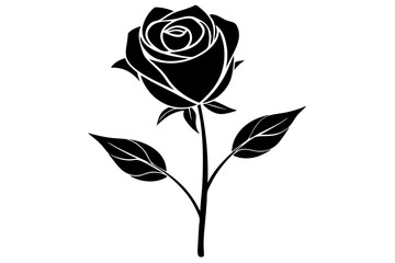 A black and white silhouette of a rose, with a single stem and leaves vector art illustration