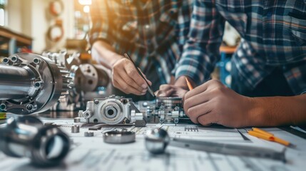 A Close-up view of engineers and technicians designing and engineering mechanical parts. Industrial engine factory, blueprints, bearing measurement, calipers, tools, industrial background.