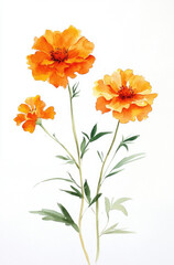 Simple watercolor light orange marigold blooms on a white background