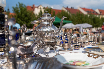 Starodawny antyczny srebrny zestaw, srebrne naczynia, targ staroci Pszczyna.