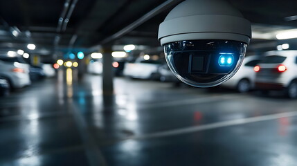 Obraz premium Surveillance Camera Modern Parking Garage Security Technology Night