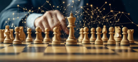 Hand Touching King Chess Piece on a Board with Connection Lines, Concept for Business Strategy