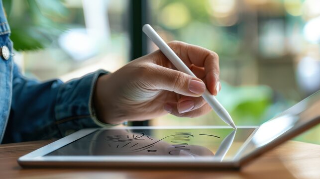 Hands hold a stylus pen, sketching and doodling on a tablet screen with precision and creativity.