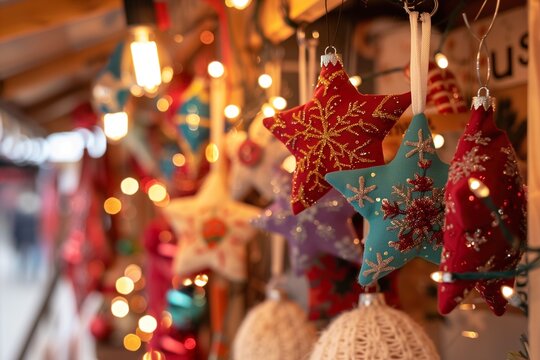 Christmas craft stall with many decorative objects for sale. Christmas background.