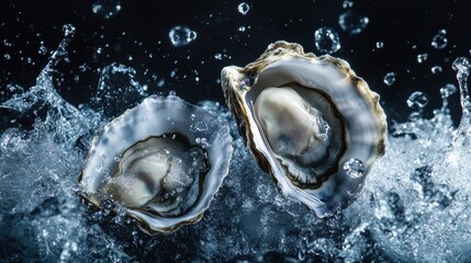2 oysters with ice cubes, very cold ocean water in the background,