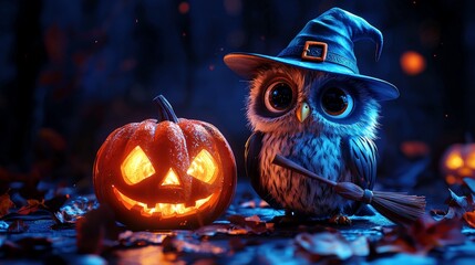 Cute witch owl holding tiny broomstick with pumpkin