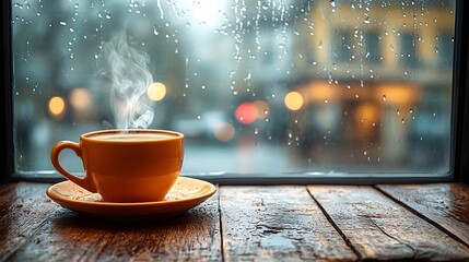 Obraz premium Rustic wooden table with a steaming cup of coffee, rain-streaked window in the background. The warm interior contrasts the cool, rainy atmosphere outside,