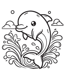 Dolphin swim with wave kid coloring design 