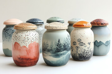 A series of unique pottery jars with lids, featuring hand-painted patterns and rough textures in shades of deep blue, rust, and cream, set against a pastel lavender background,