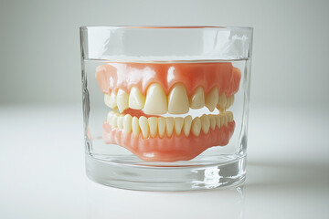 A set of dentures in a glass of water on a white background. False teeth